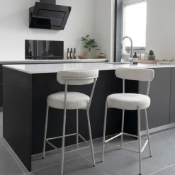Drawer BADALONA Tabouret de bar en tissu bouclette pieds beiges H65cm