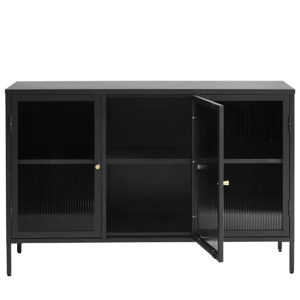 No name BJORN Buffet 3 portes en verre strié et métal L132cm