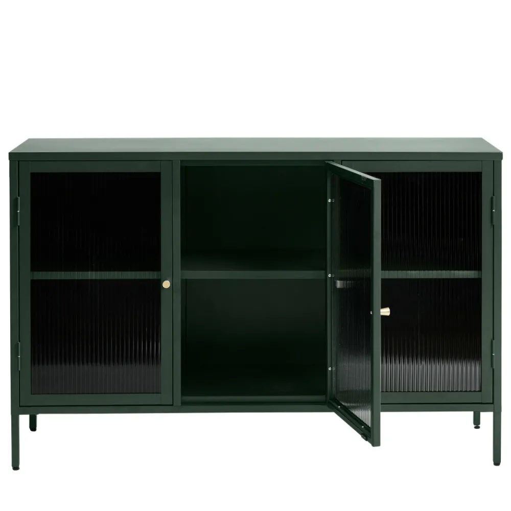 No name BJORN Buffet 3 portes en verre strié et métal L132cm
