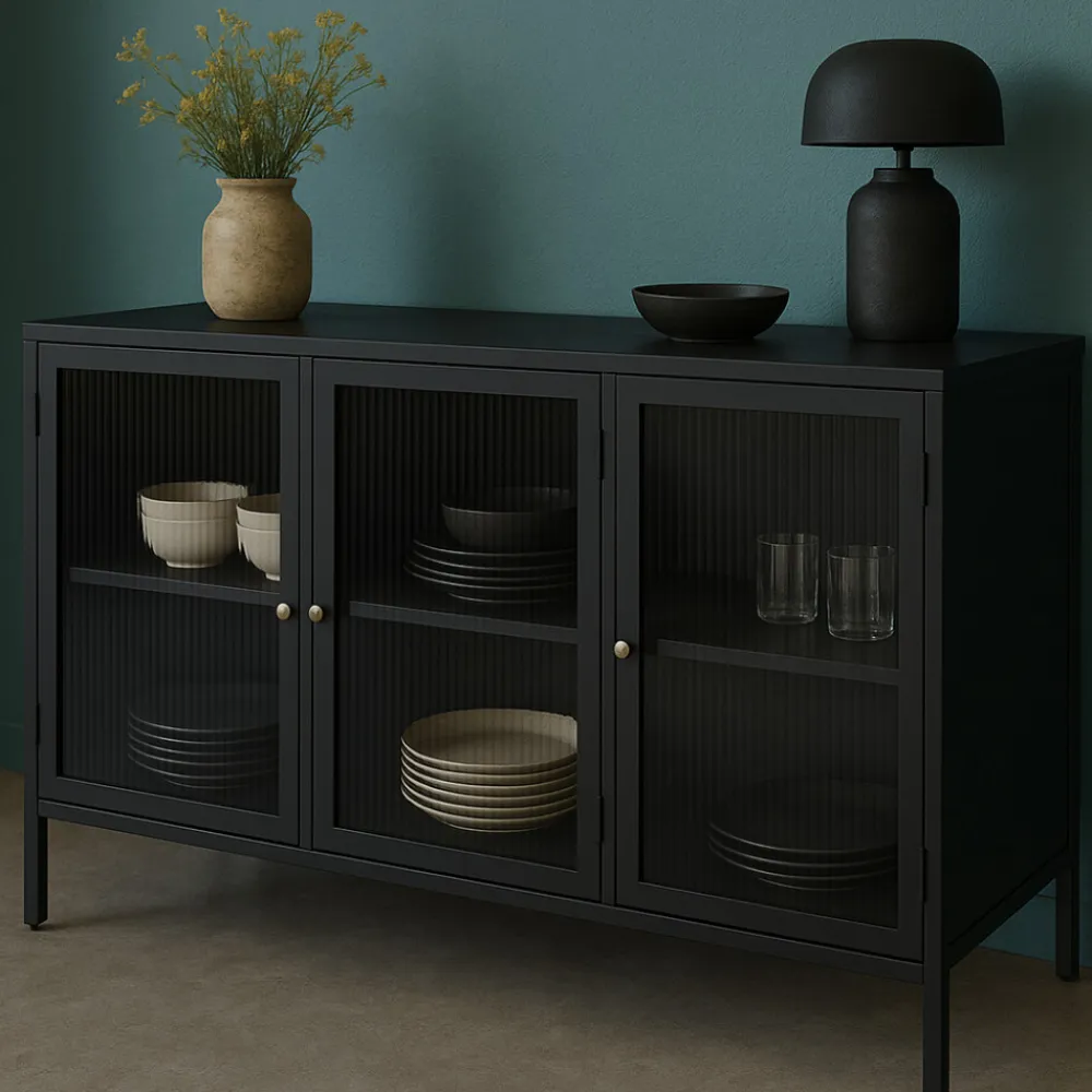No name BJORN Buffet 3 portes en verre strié et métal L132cm