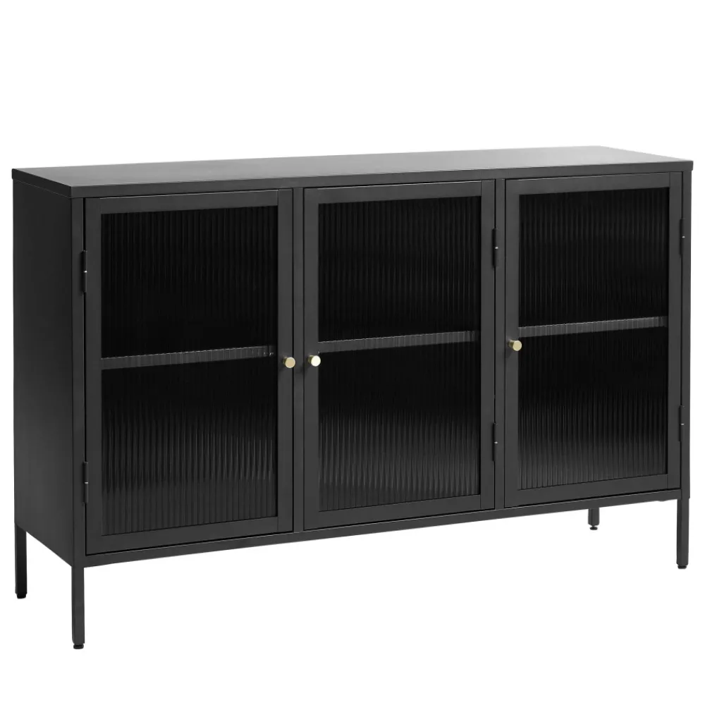 No name BJORN Buffet 3 portes en verre strié et métal L132cm