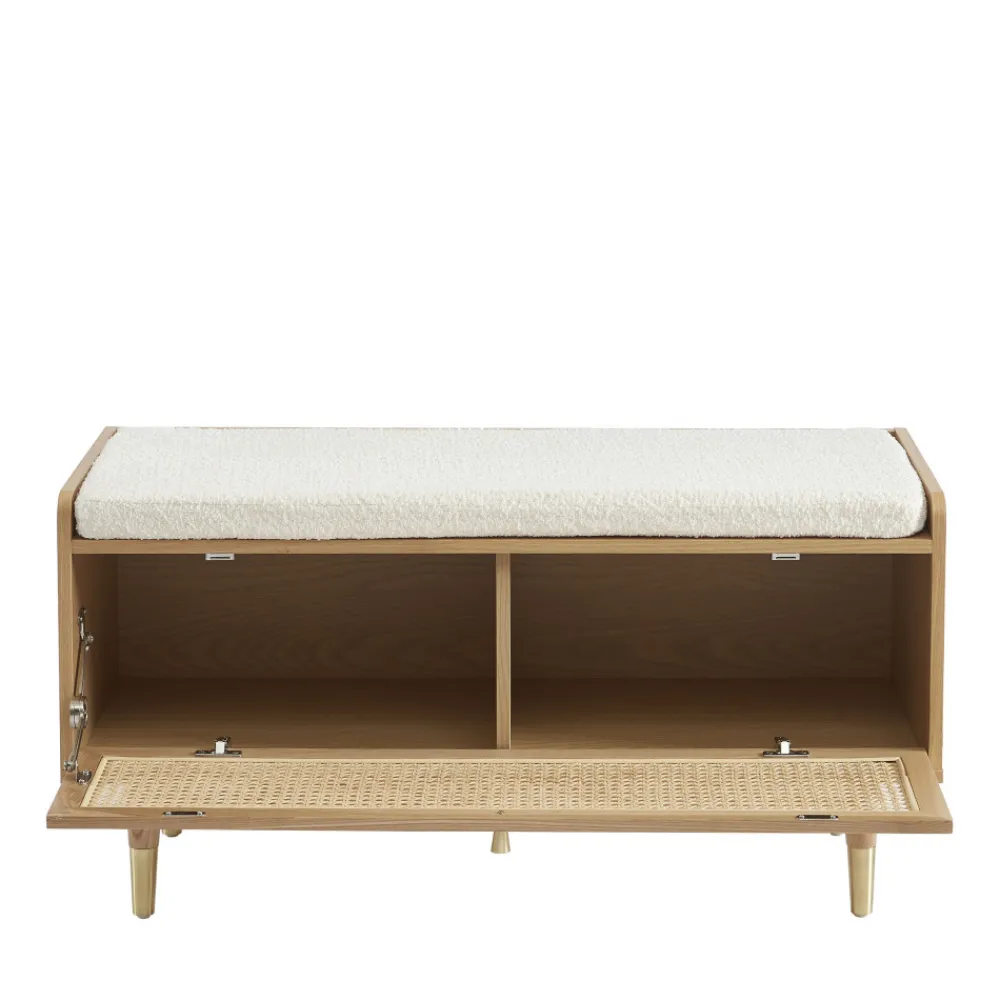 No name BOMBONG Banc d'entrée avec rangement chaussures en bois et cannage L100cm