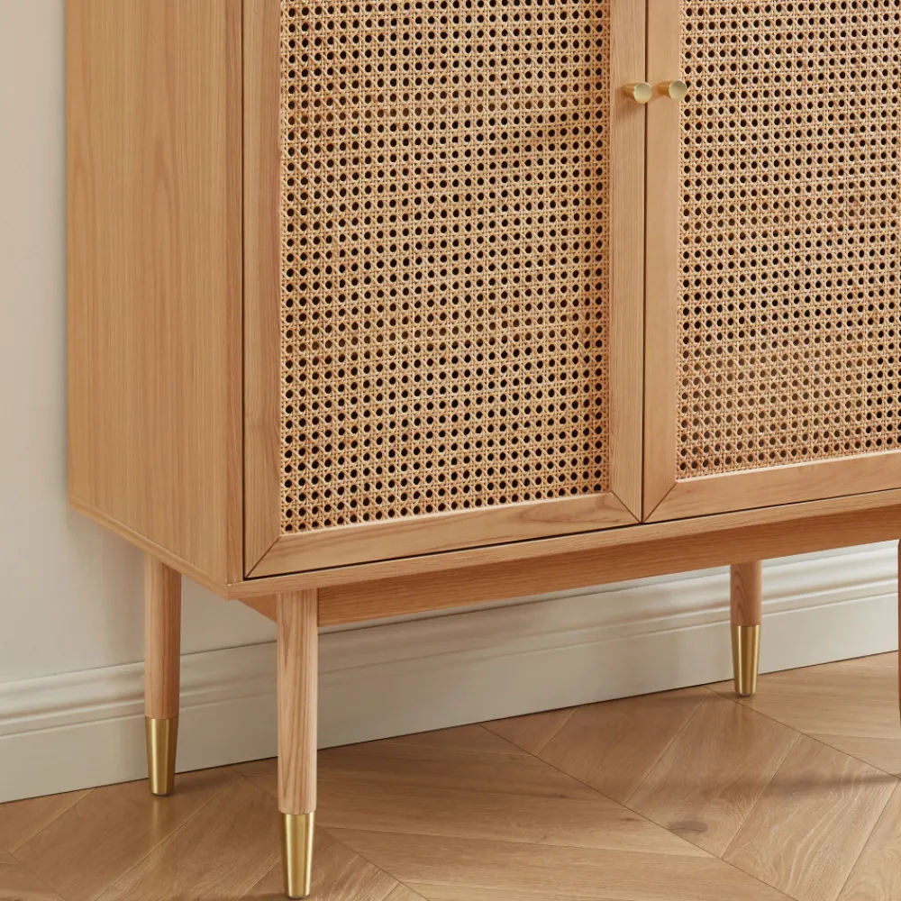 No name BOMBONG Buffet haut 2 portes en bois et cannage L90cm