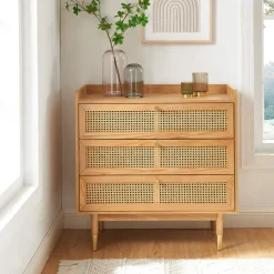 No name BOMBONG Commode 3 tiroirs en bois et cannage L85cm