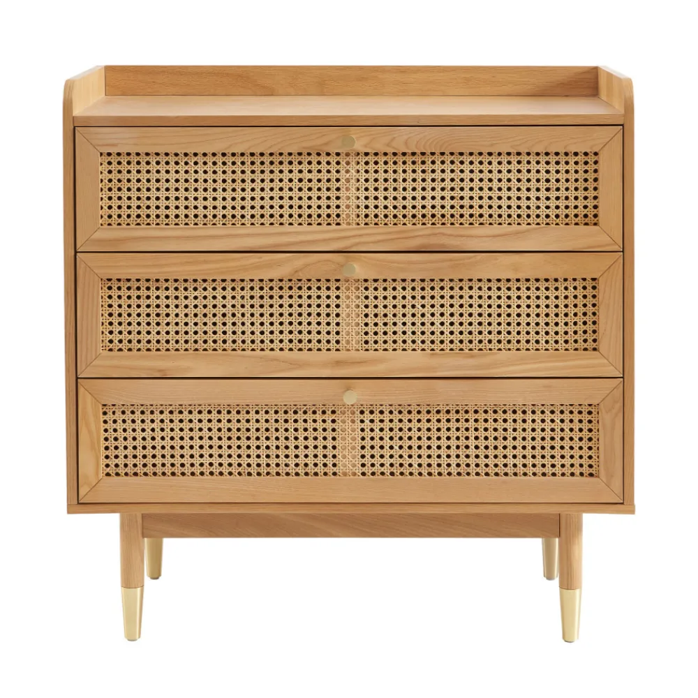 No name BOMBONG Commode 3 tiroirs en bois et cannage L85cm