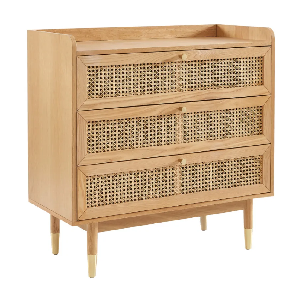 No name BOMBONG Commode 3 tiroirs en bois et cannage L85cm