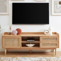 No name BOMBONG Meuble TV 1 porte 2 tiroirs en bois et cannage L160cm