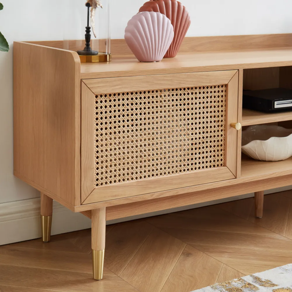 No name BOMBONG Meuble TV 1 porte 2 tiroirs en bois et cannage L160cm