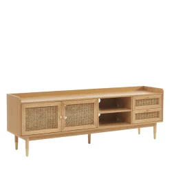 No name BOMBONG Meuble TV 2 portes 2 tiroirs en bois et cannage 180 cm