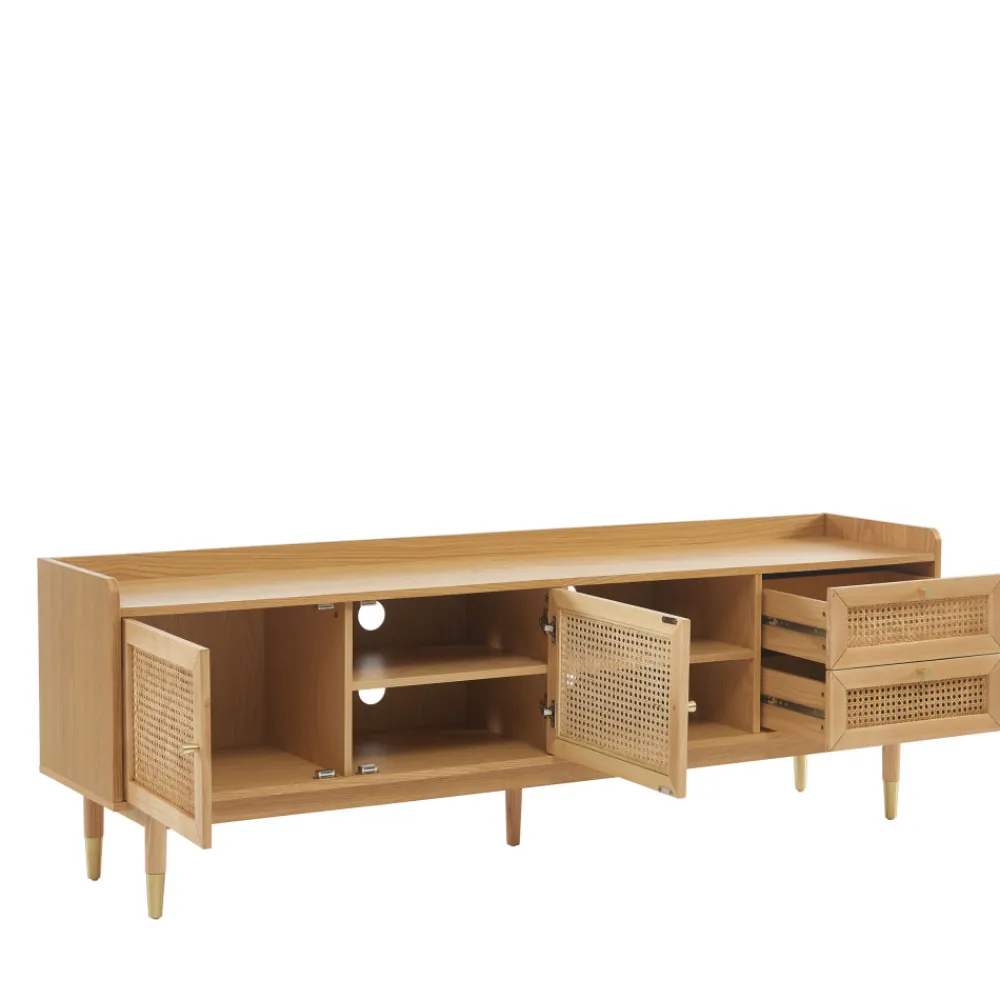 No name BOMBONG Meuble TV 2 portes 2 tiroirs en bois et cannage 180 cm