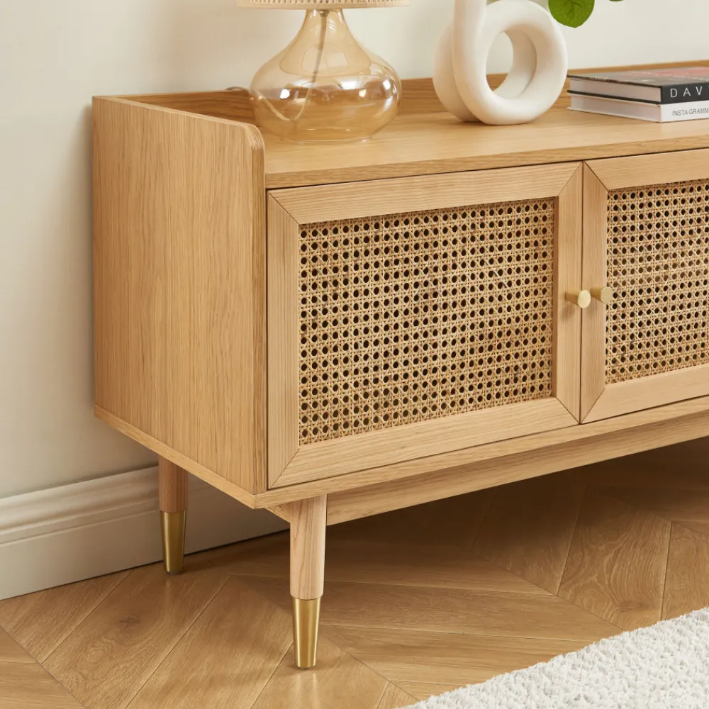 No name BOMBONG Meuble TV 2 portes 2 tiroirs en bois et cannage 180 cm