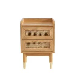 No name BOMBONG Table de chevet 2 tiroirs en bois et cannage