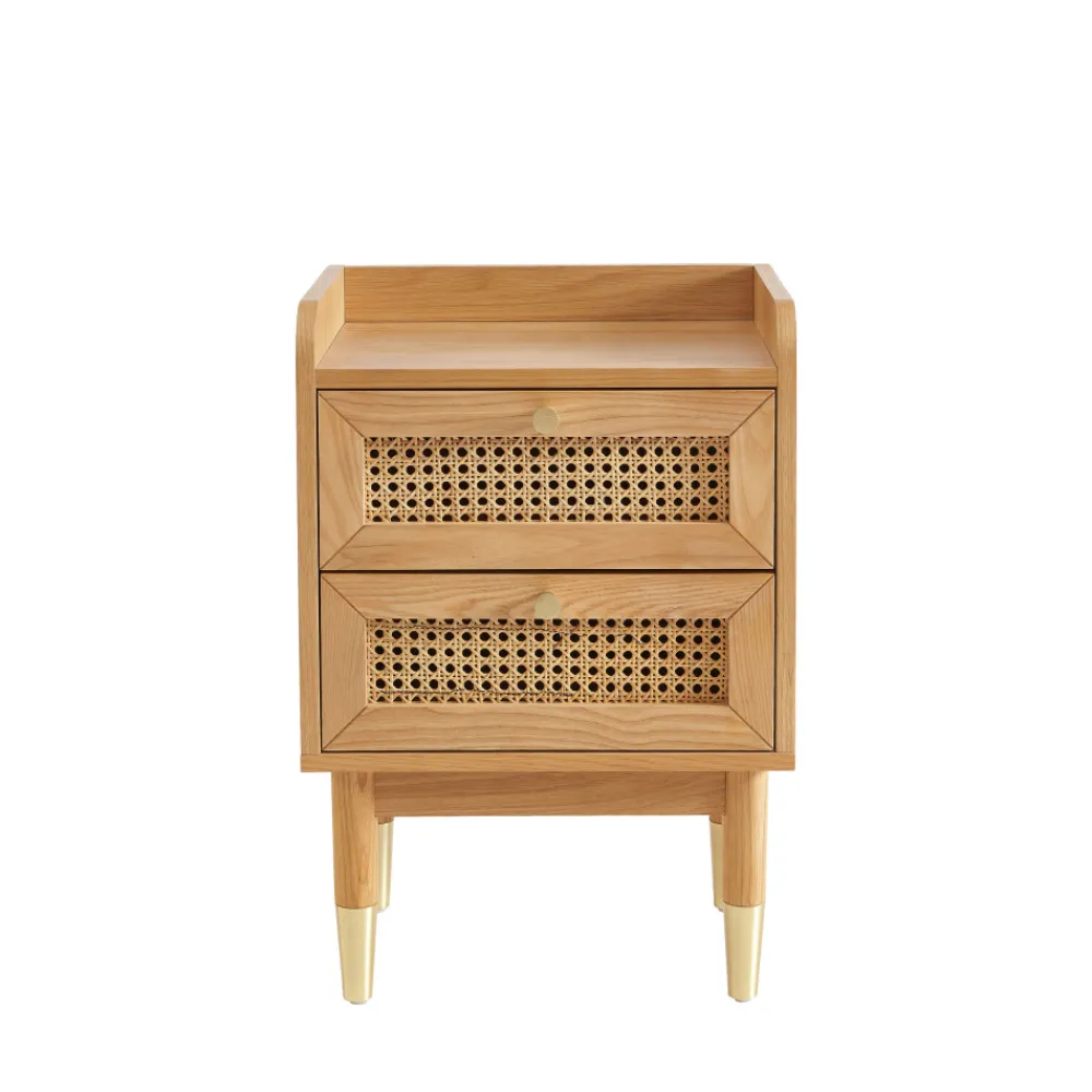 No name BOMBONG Table de chevet 2 tiroirs en bois et cannage