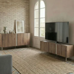 Drawer BOXY Meuble TV 3 portes en bois et effet travertin L140cm