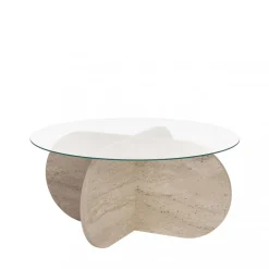 Drawer BULLY Table basse ronde en verre trempé et effet travertin ø75cm