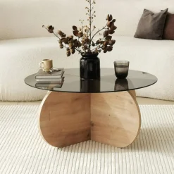 Drawer BULLY Table basse ronde en verre trempé et bois ø75cm