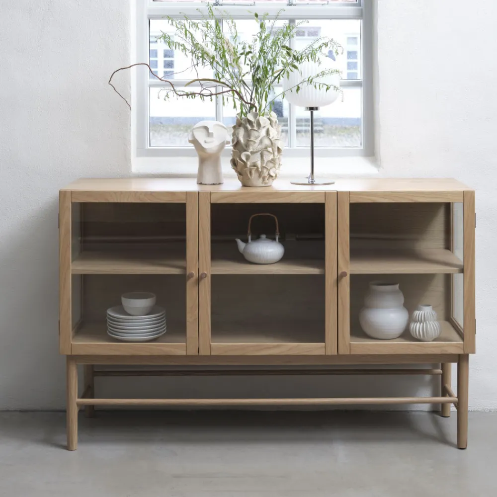 No name CAHIR Buffet 3 portes en verre trempé et bois L132cm