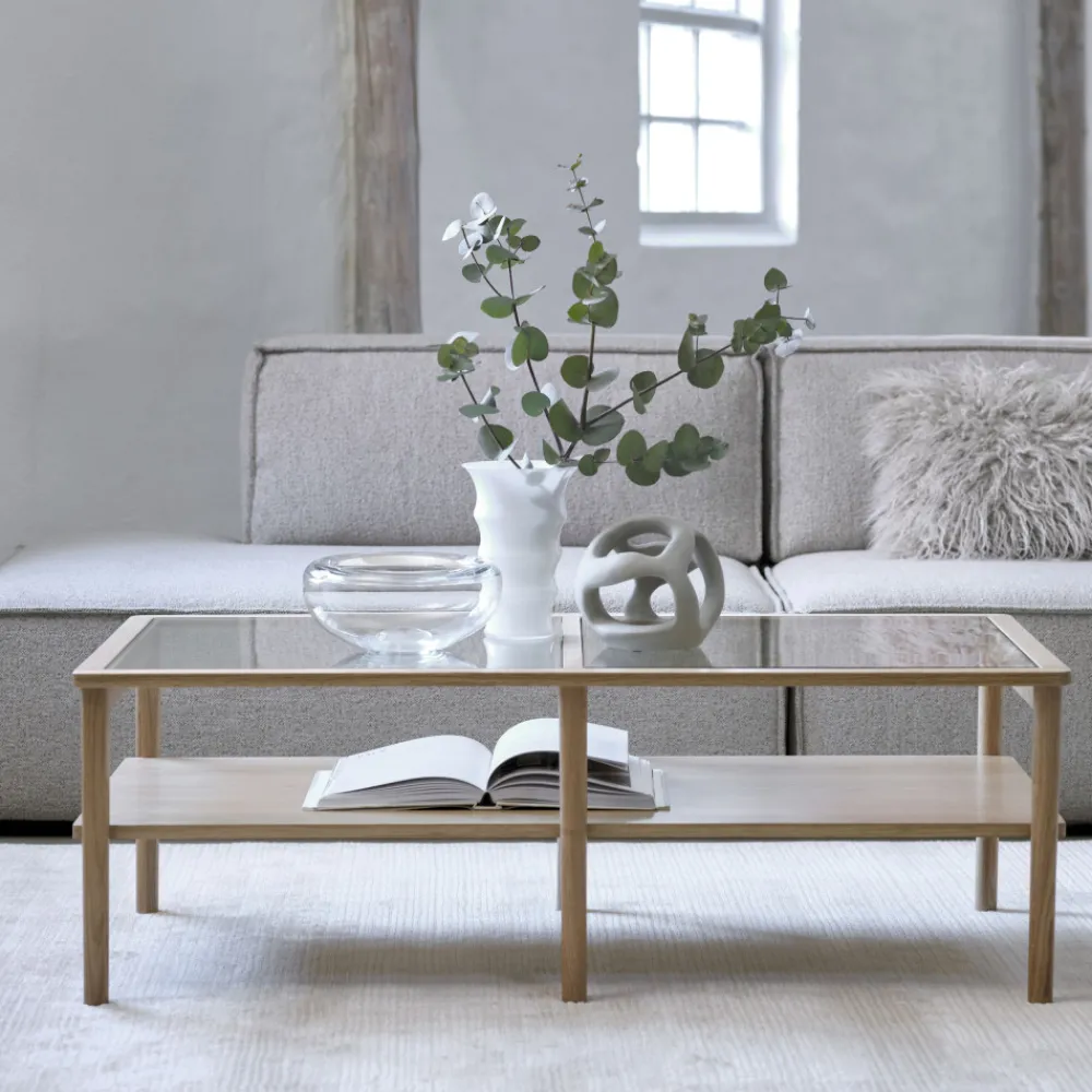 No name CAHIR Table basse en verre trempé et bois 120x60cm