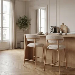 Drawer DRACO Lot de 2 chaises de bar en tissu pieds effet bois clair H65cm
