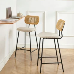 No name EMA Lot de 2 tabourets de bar en tissu bouclette et métal H66,5cm
