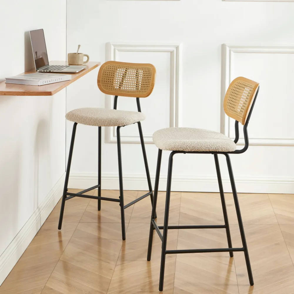 No name EMA Lot de 2 tabourets de bar en tissu bouclette et métal H66,5cm