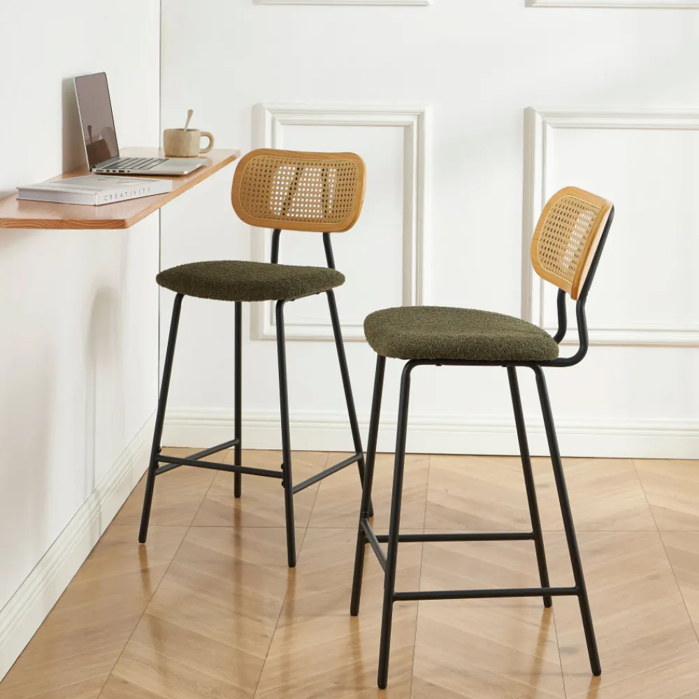 No name EMA Lot de 2 tabourets de bar en tissu bouclette et métal H66,5cm