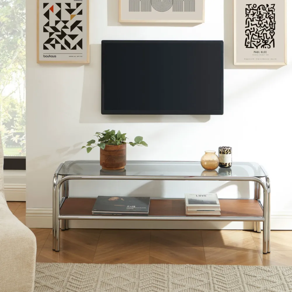 No name GLISS Meuble TV en verre pieds chrome L120cm