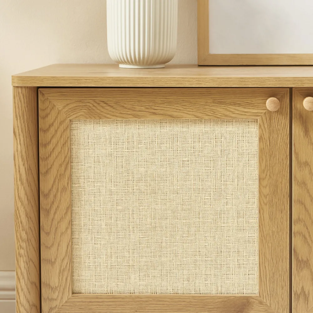 No name IRIS Meuble TV 3 portes en bois et cannage L120cm