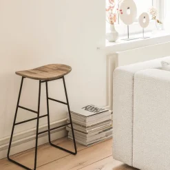 Drawer KABAYAN Tabouret de bar en teck recyclé et métal H65cm