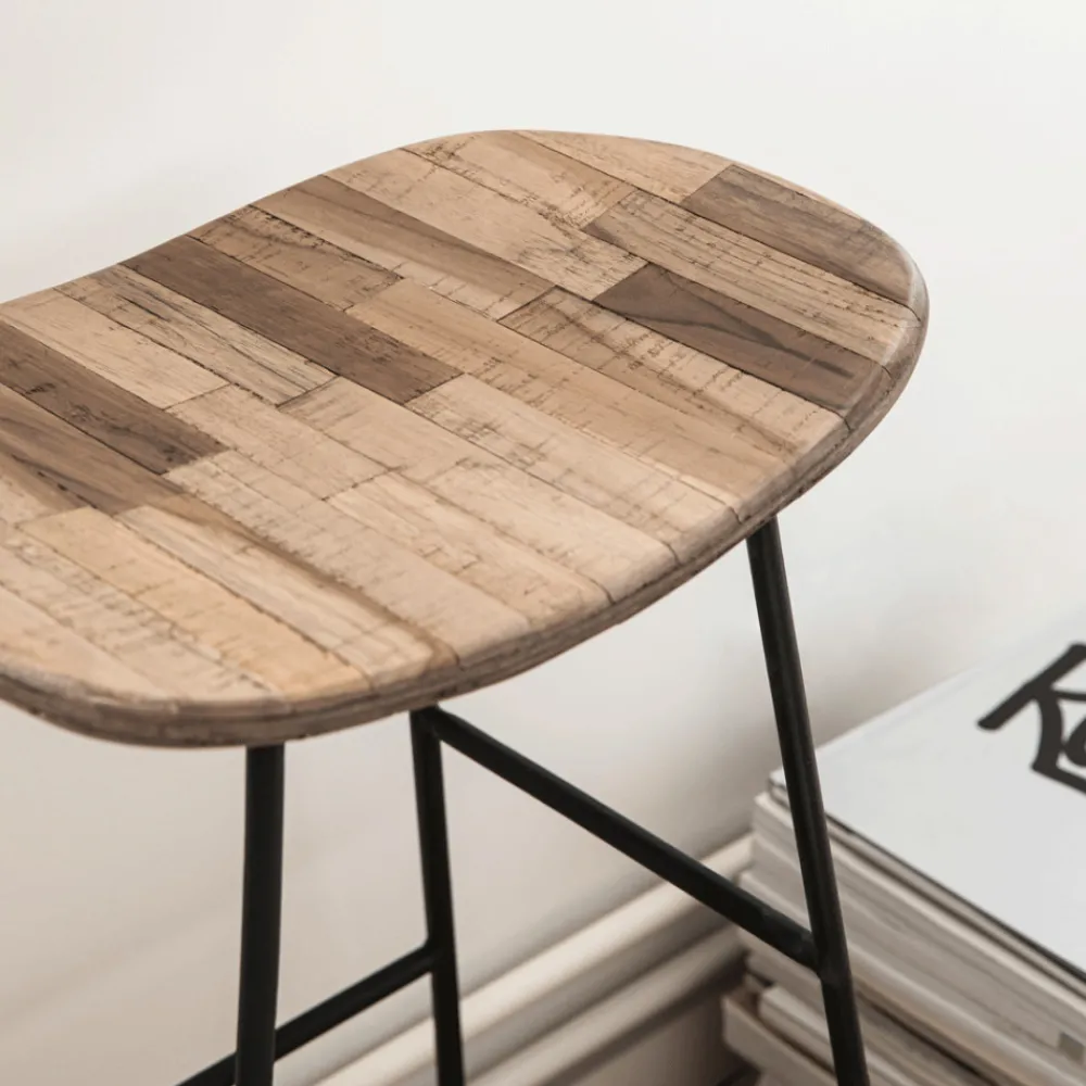 Drawer KABAYAN Tabouret de bar en teck recyclé et métal H65cm