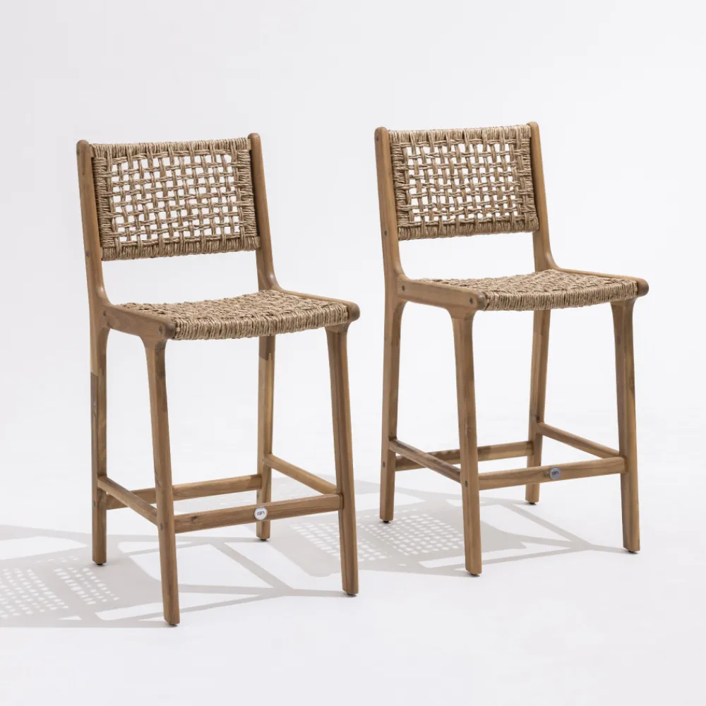 Drawer LEXIA Lot de 2 tabourets de bar intérieur/extérieur en bois d'acacia et résine tressée H76cm