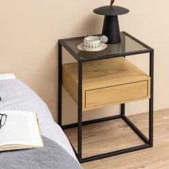 Drawer LUMA Table de chevet 1 tiroir en verre, bois et métal