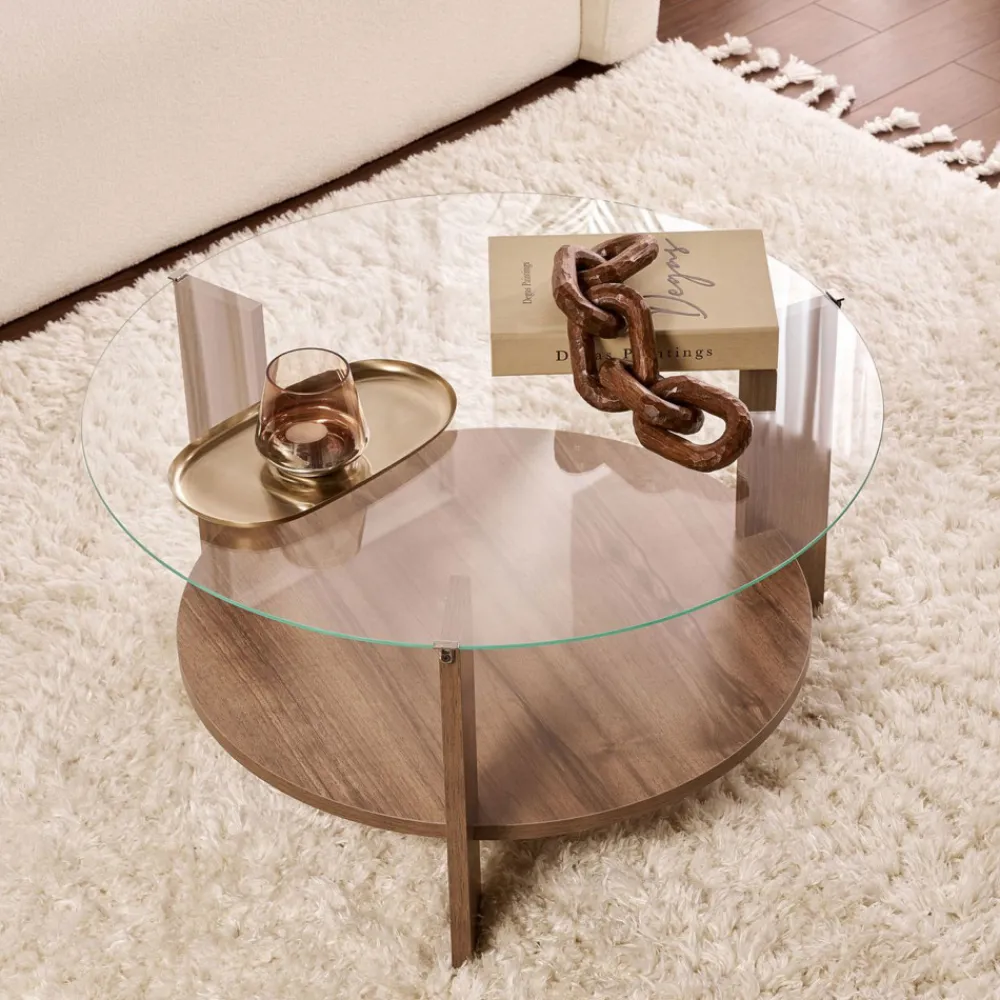 Drawer RIA Table basse ronde en verre trempé et bois ø75cm