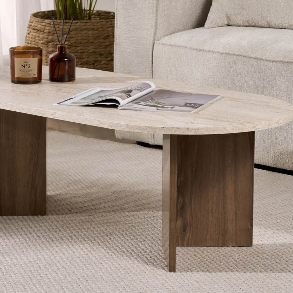 Drawer SAM Table basse ovale en bois et effet travertin