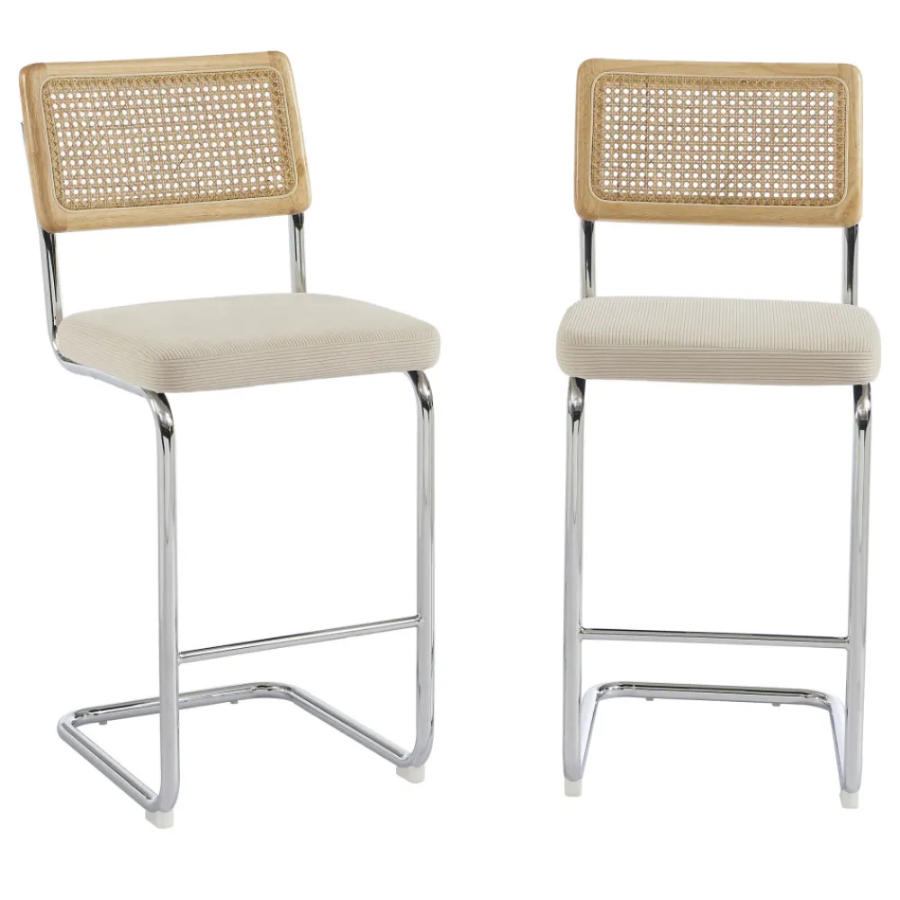 No name SKANA Lot de 2 chaises de bar en velours côtelé pieds chrome H66cm