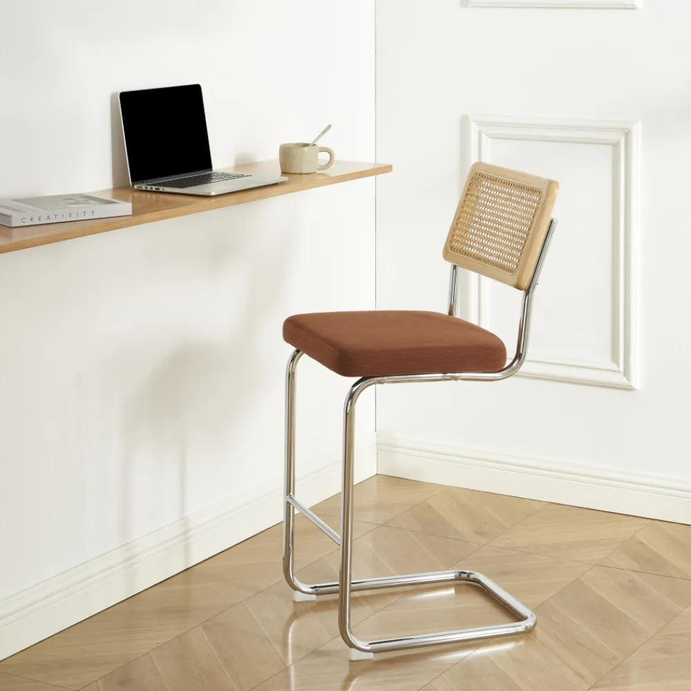 No name SKANA Lot de 2 chaises de bar en velours côtelé pieds chrome H66cm