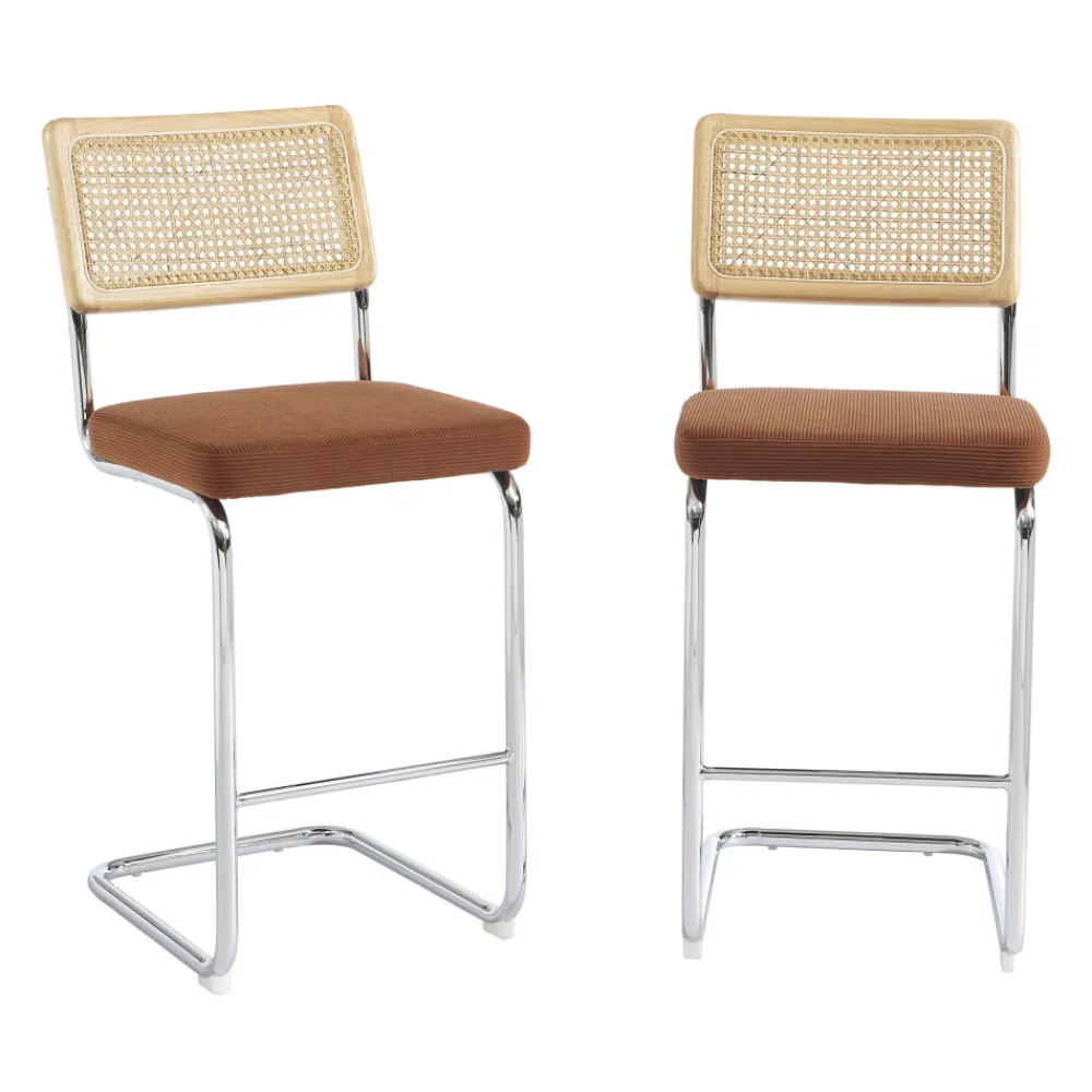 No name SKANA Lot de 2 chaises de bar en velours côtelé pieds chrome H66cm