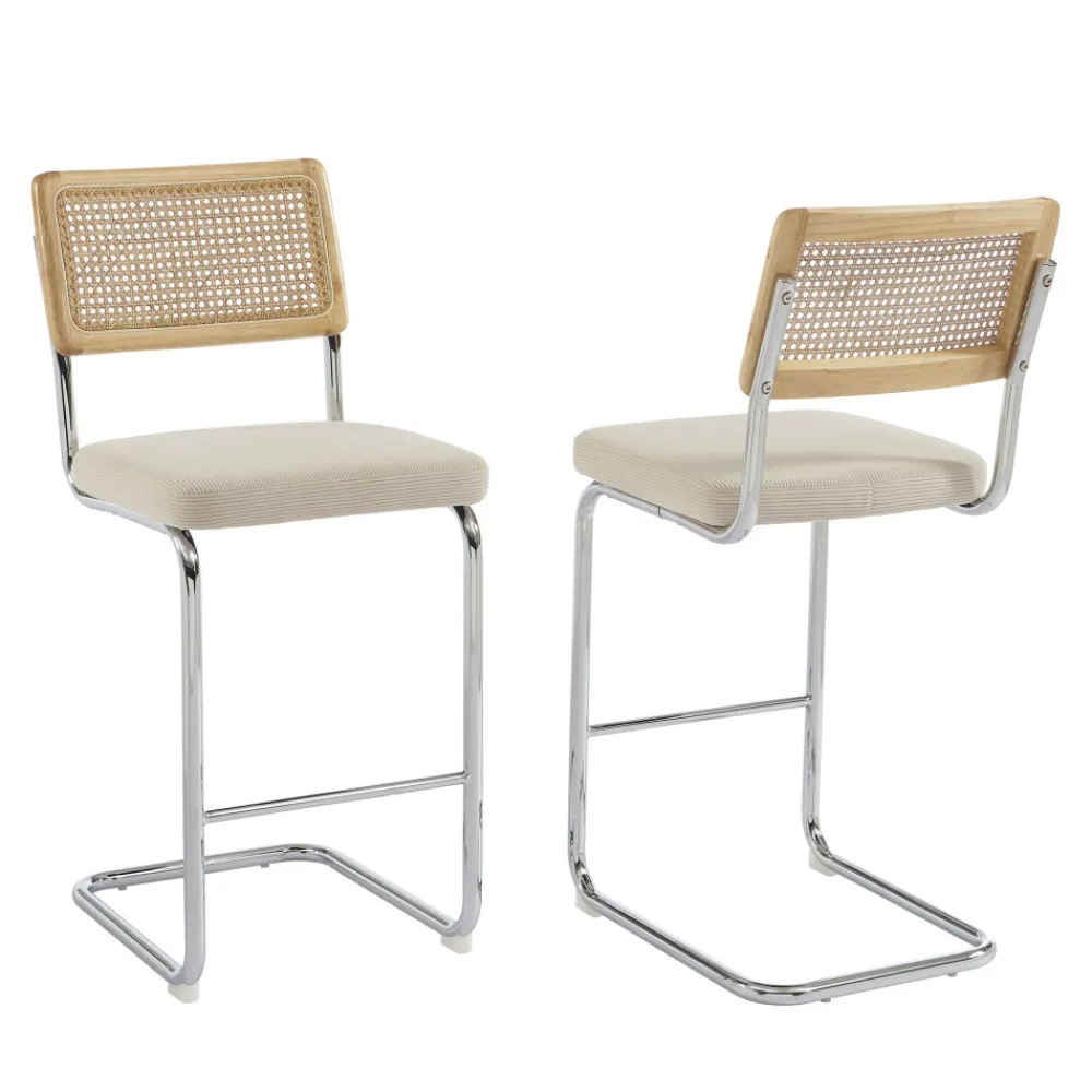 No name SKANA Lot de 2 chaises de bar en velours côtelé pieds chrome H66cm