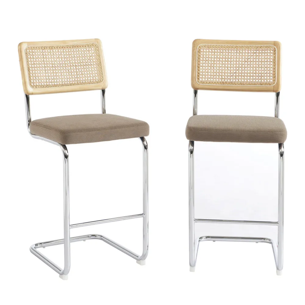 No name SKANA Lot de 2 chaises de bar en velours côtelé pieds chrome H66cm