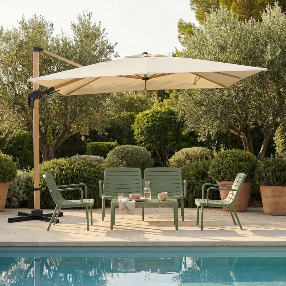 Drawer VEYA Parasol rectangulaire déporté en aluminium et effet bois 3x4m