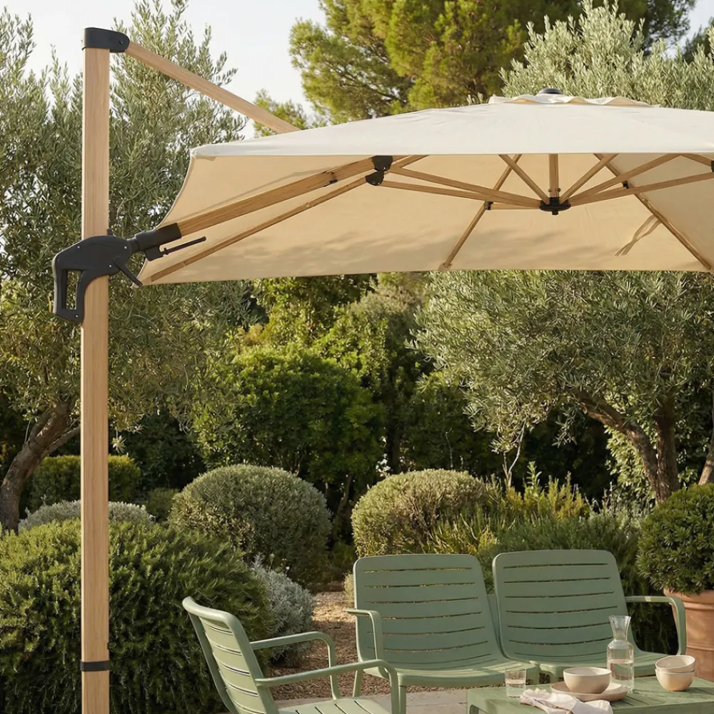 Drawer VEYA Parasol rectangulaire déporté en aluminium et effet bois 3x4m