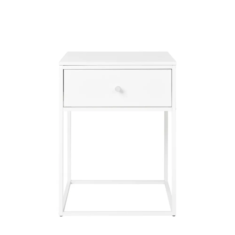 House Nordic VITA Table de chevet avec tiroir en bois et métal blanc