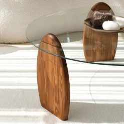 Drawer WO Table basse ronde en verre trempé et bois ø90cm